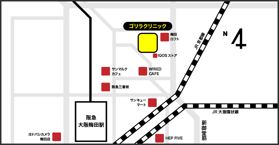 大阪梅田院の周辺スポット地図