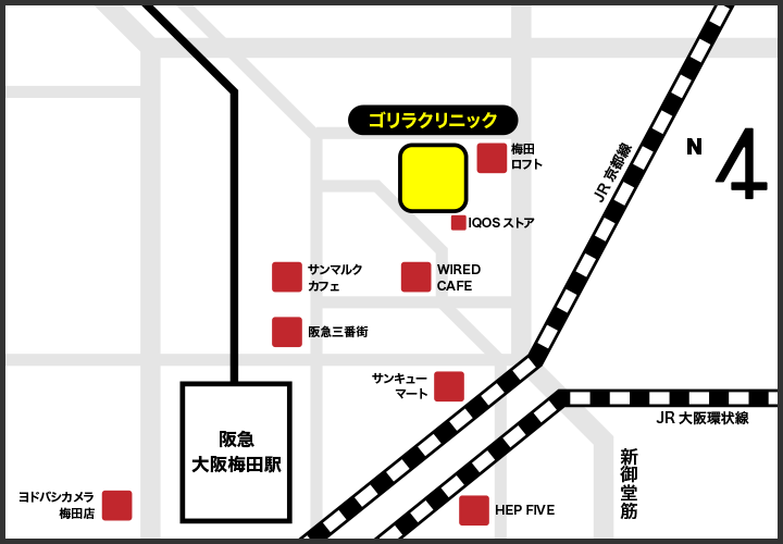 大阪梅田院の周辺スポット地図
